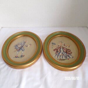 Vintage Needlepoint Framed Pictures Portraits Victorian Man & Woman Oval Frames